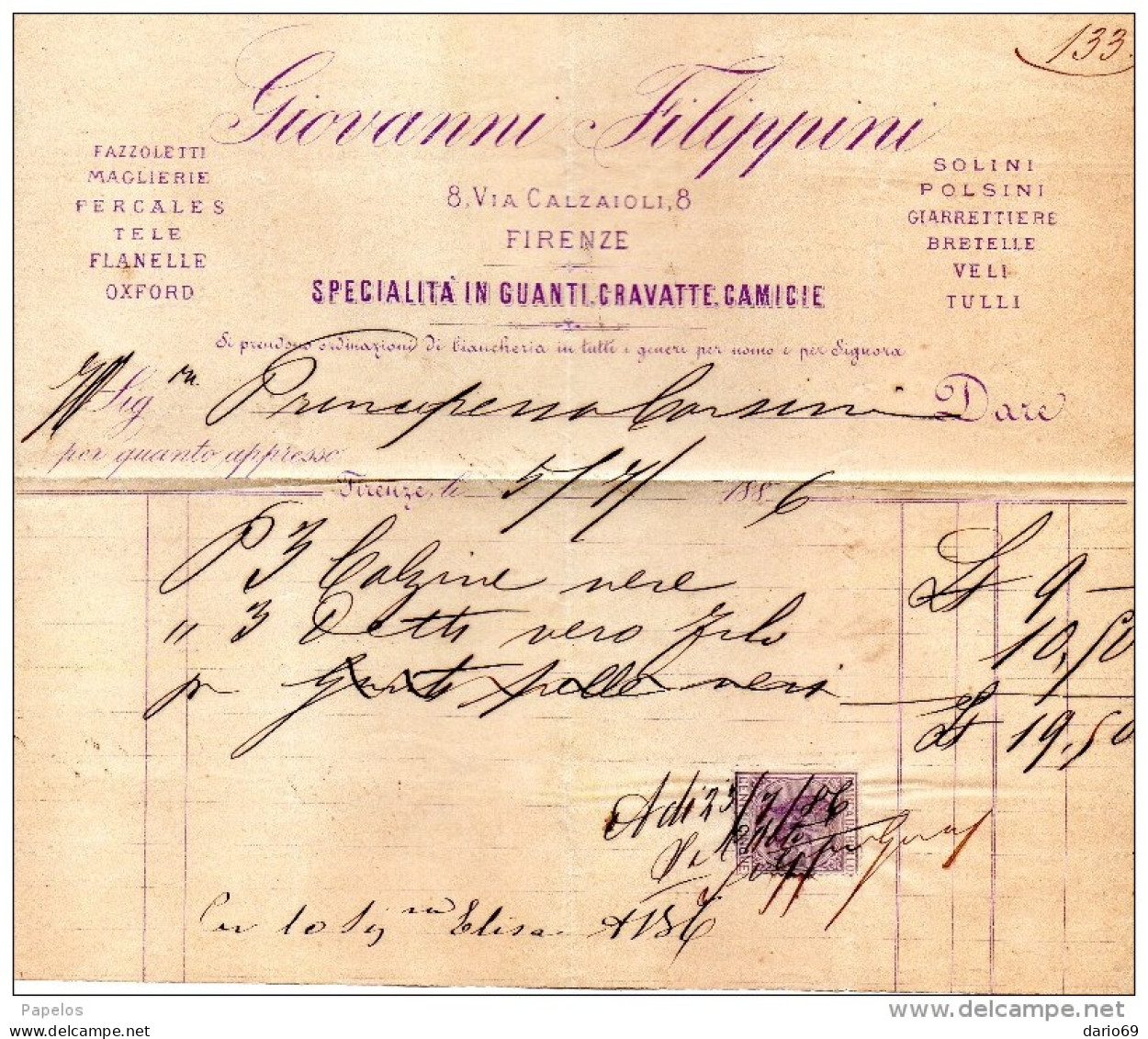 1886  FIRENZE - GIOVANNI FILIPPINI  - SPECIALITÀ IN GUANTI CRAVATTE, CAMICE - Italie