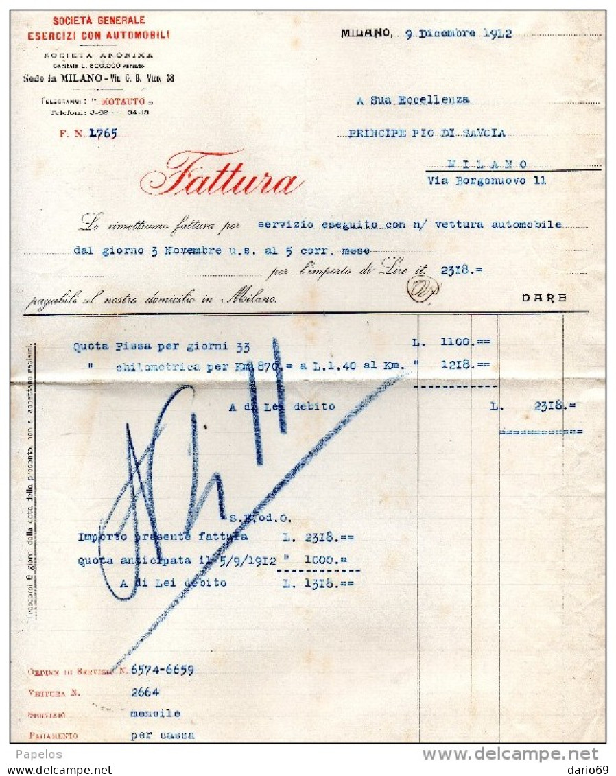 1912 MILANO -  SOCIETÀ GENERALE ESERCIZI CON AUTOMOBILI - Italie