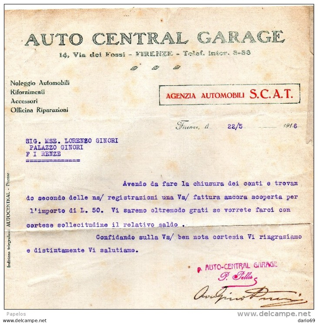 1916  FIRENZE  -  AUTO CENTRAL NOLEGGIO AUTOMOBILI - Italy