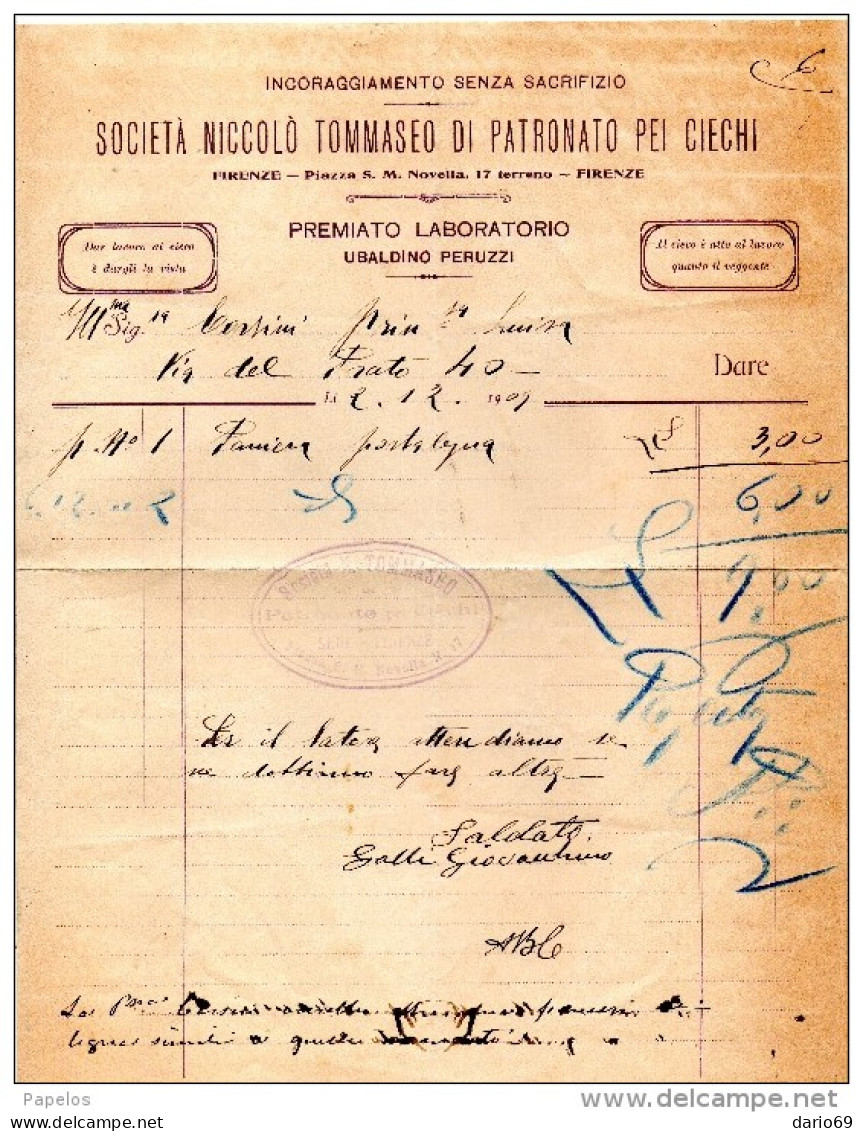 1909 FIRENZE SOCIETÀ NICCOLO' TOMMASEO DI PATRONATO PEI CIECHI - Italië