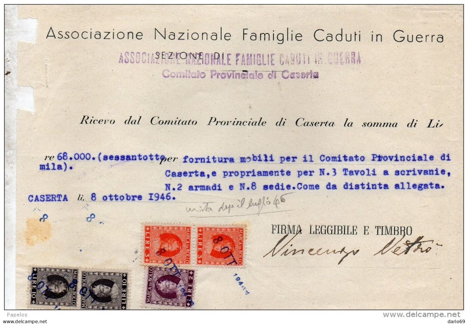 1946 CASERTA ASSOCIAZIONE  NAZIONALE FAMIGLIE CADUTE IN GUERRA - Italy