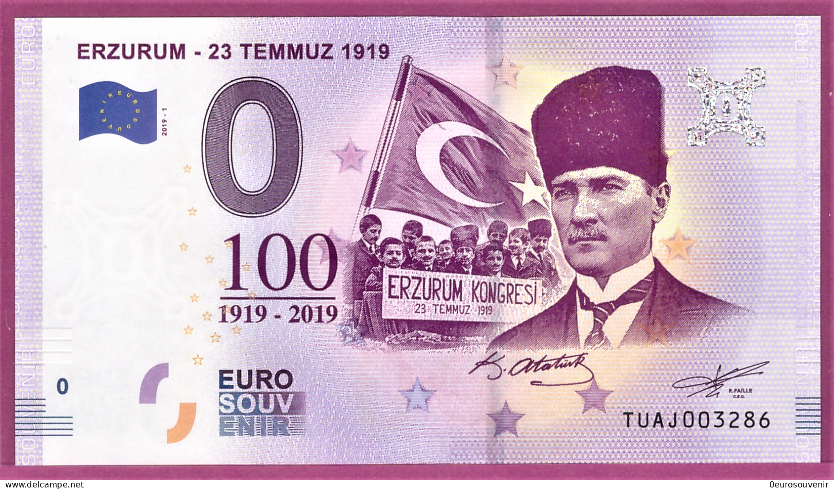 0-Euro TUAJ 2019-1 ERZURUM - 23 TEMMUZ 1919 - Essais Privés / Non-officiels