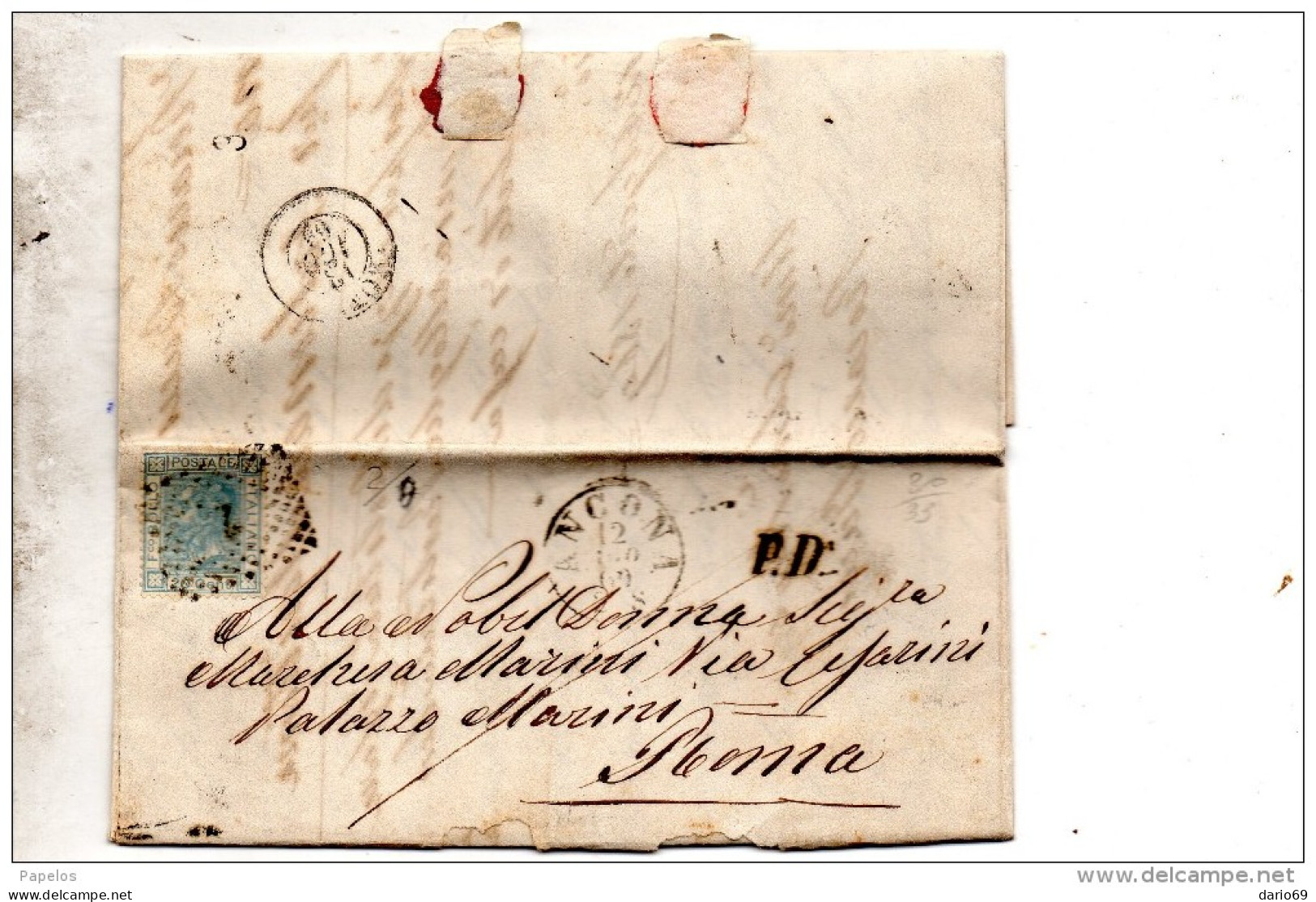 1869  LETTERA CON ANNULLO NUMERALE A PUNTI ANCONA + ROMA - Marcophilie