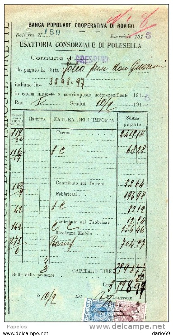 1915 CRESPINO ROVIGO - BANCA POPOLARE COOPERATIVA DI ROVIGO - Italië