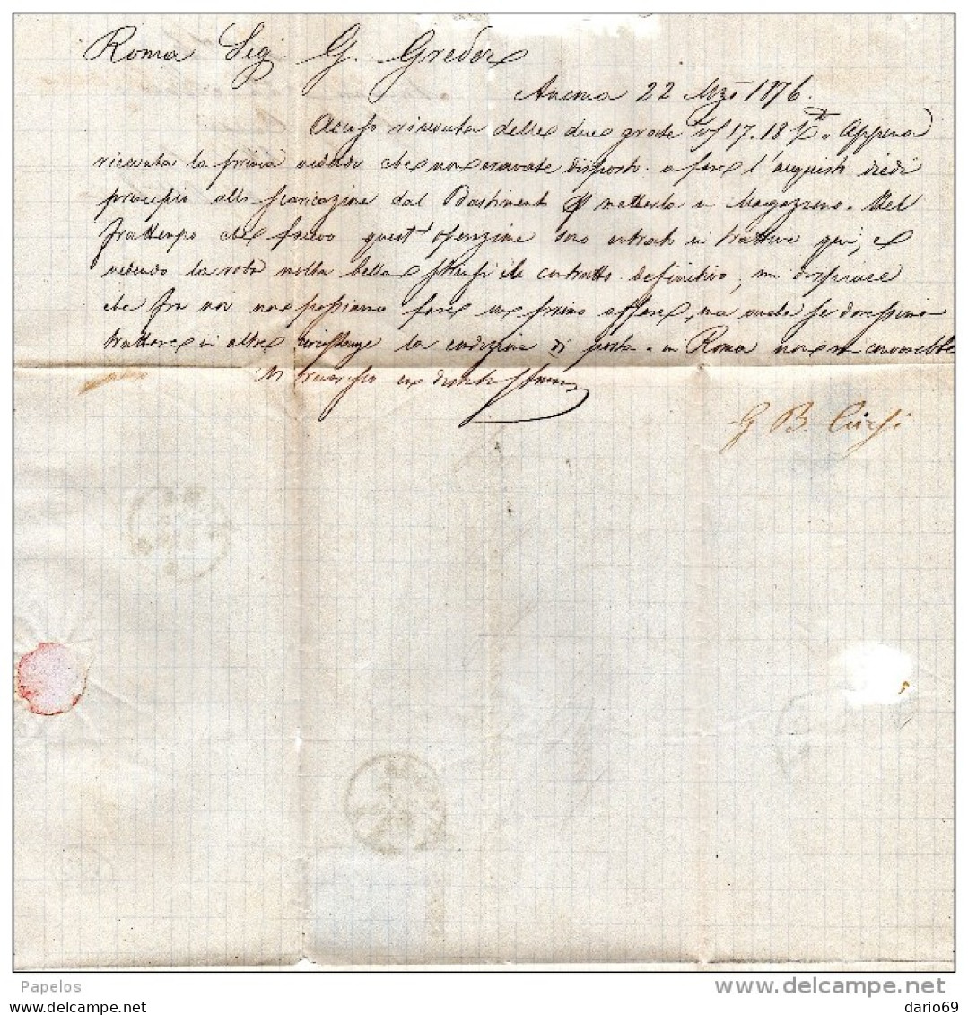 1876  LETTERA CON ANNULLO NUMERALE A PUNTI ANCONA + ROMA - Marcophilie