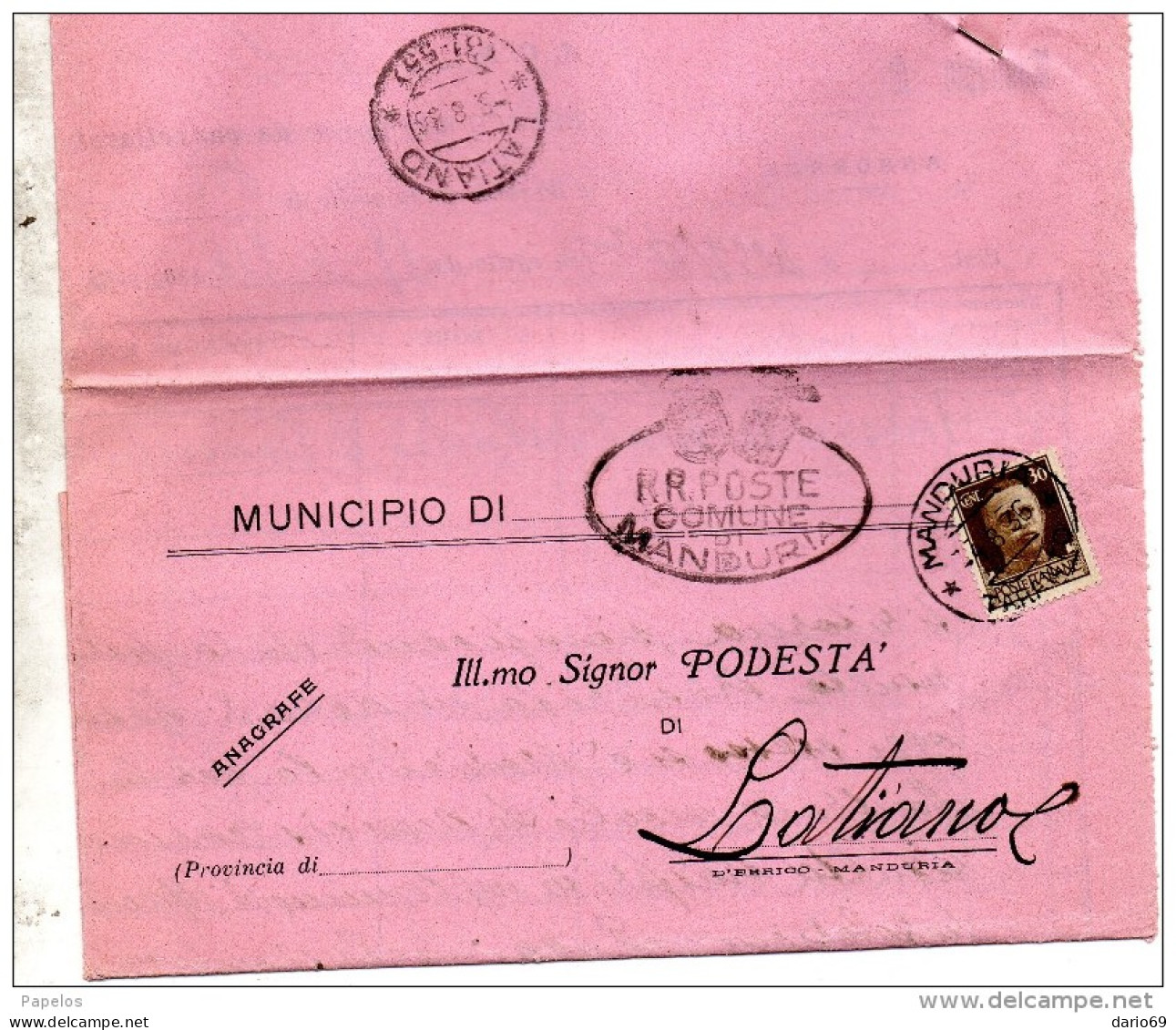 1936  LETTERA CON ANNULLO MANDURIA  TARANTO + LATIANO - Marcophilie