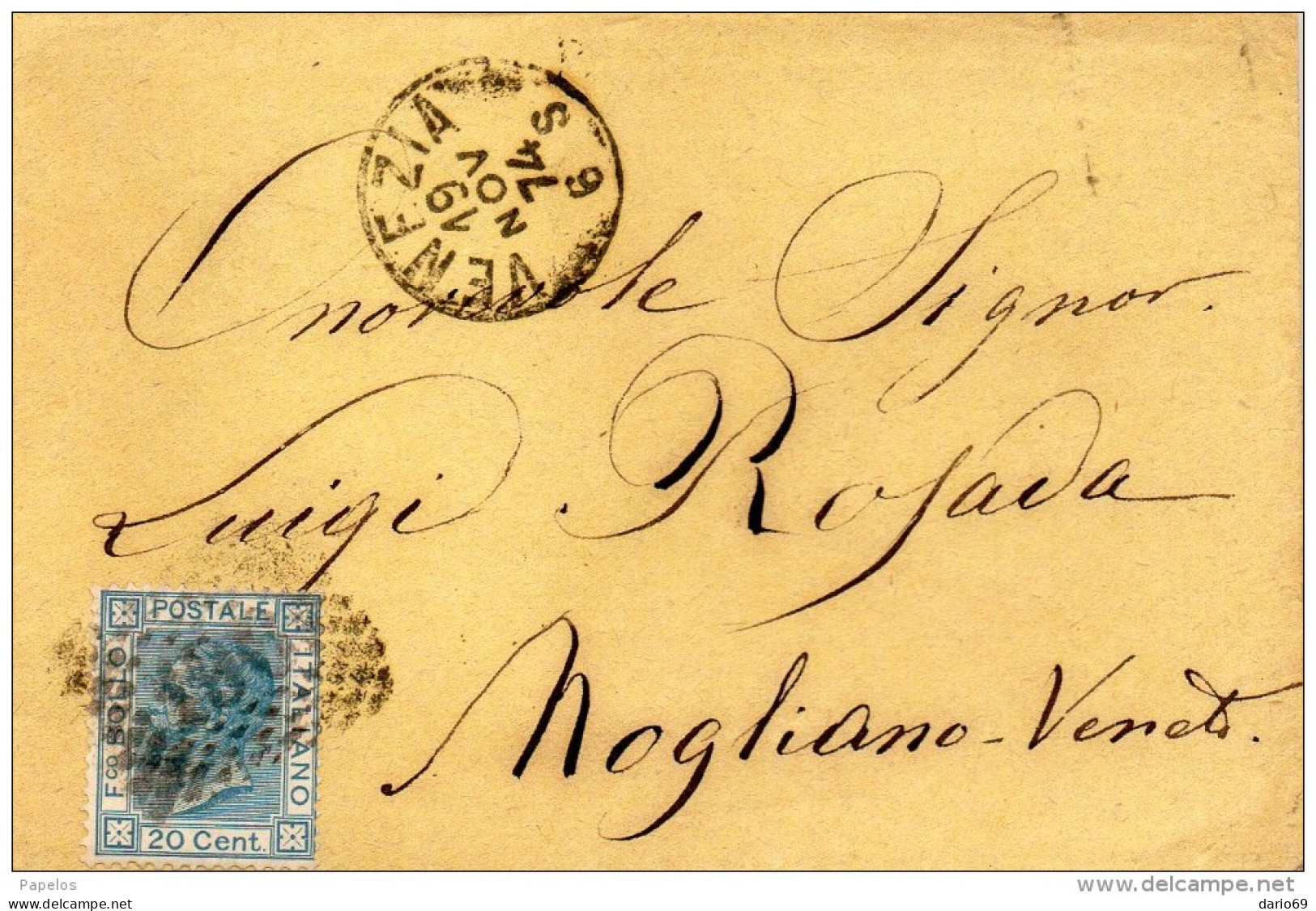 1874 LETTERA CON ANNULLO NUMERALE A PUNTI VENEZIA +  MOGLIANO VENETO - Storia Postale