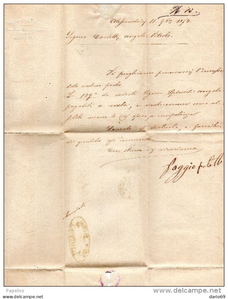 1874 LETTERA CON ANNULLO NUMERALE ALESSANDRIA + VITERBO - Marcophilia