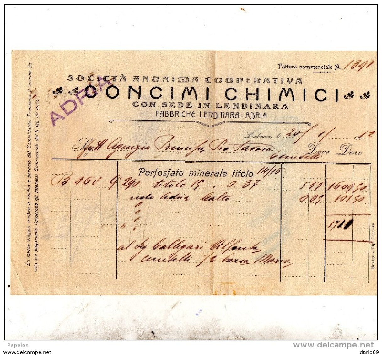 1912     LENDINARA ROVIGO - FABBRICA CONCIMI CHIMICI - Italy