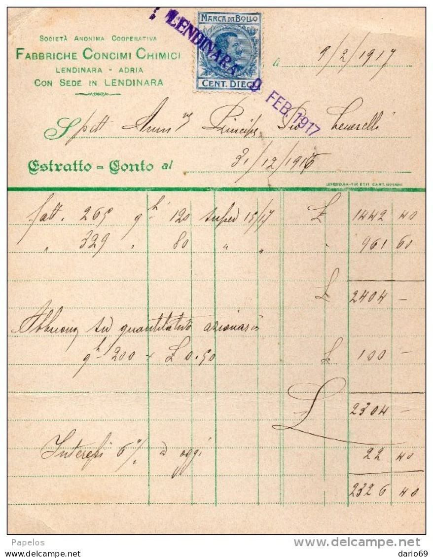 1917 LENDINARA ROVIGO - FABBRICA CONCIMI CHIMICI - Italien