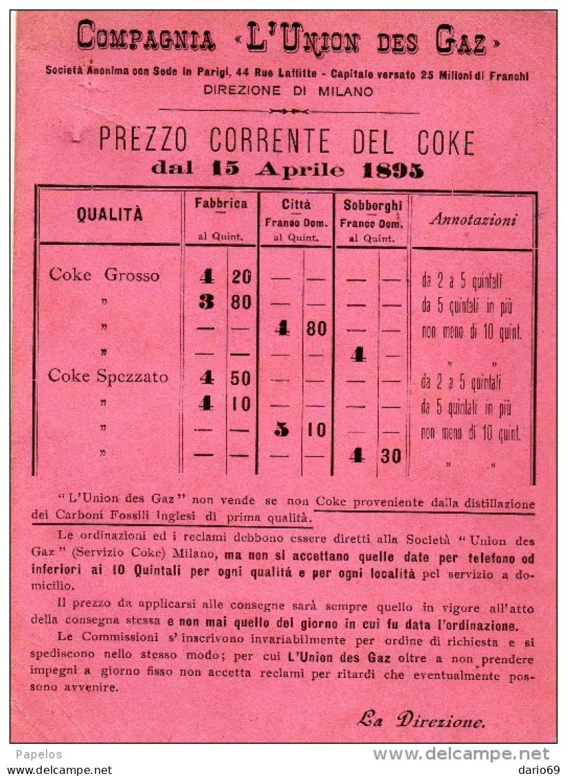 1895  MILANO -  COMPAGNIA L'UNION DES GAZ - Italien