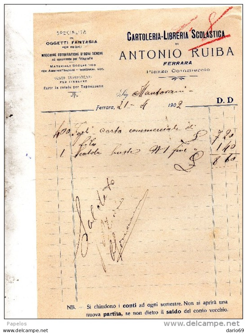 1902  FATTURA   FERRARA  -   ANTONIO RUIBA   CARTOLERIA  LIBRERIA - Italien