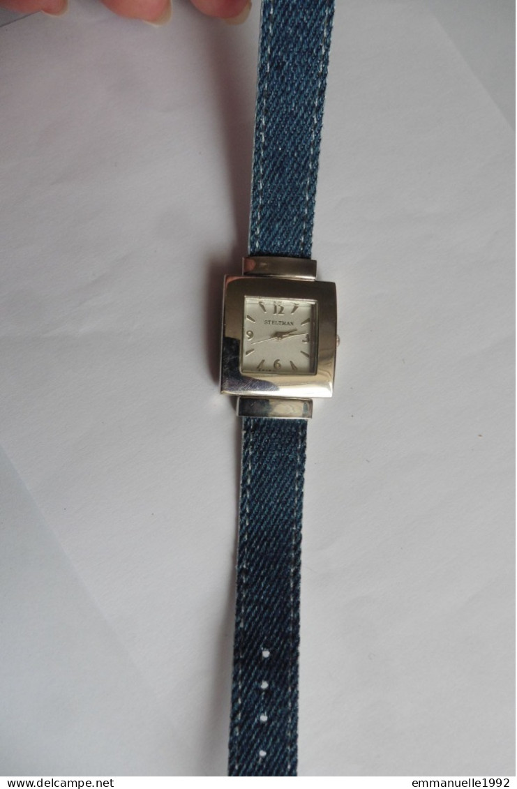 Montre Femme Réversible Steltman Métal Argenté Tissu Jean Bleu Et Cuir Blanc - Horloge: Modern