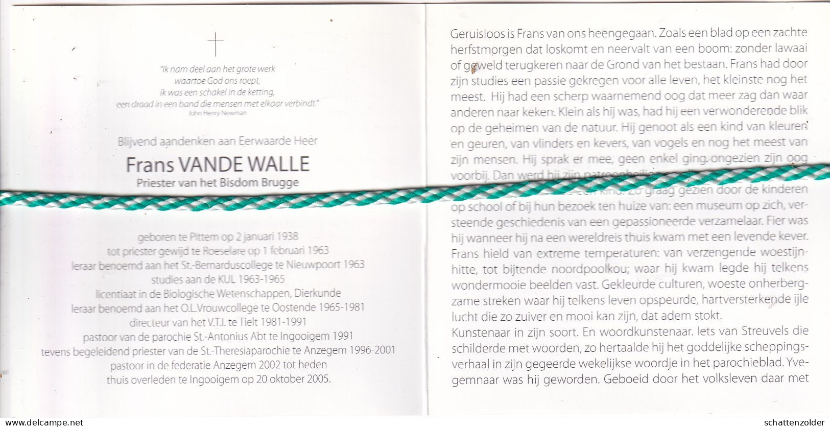 Priester Frans Vande Walle, Pittem 1938, Ingooigem 2005. Nieuwpoort,Oostende,Tielt,Anzegem. Foto - Todesanzeige