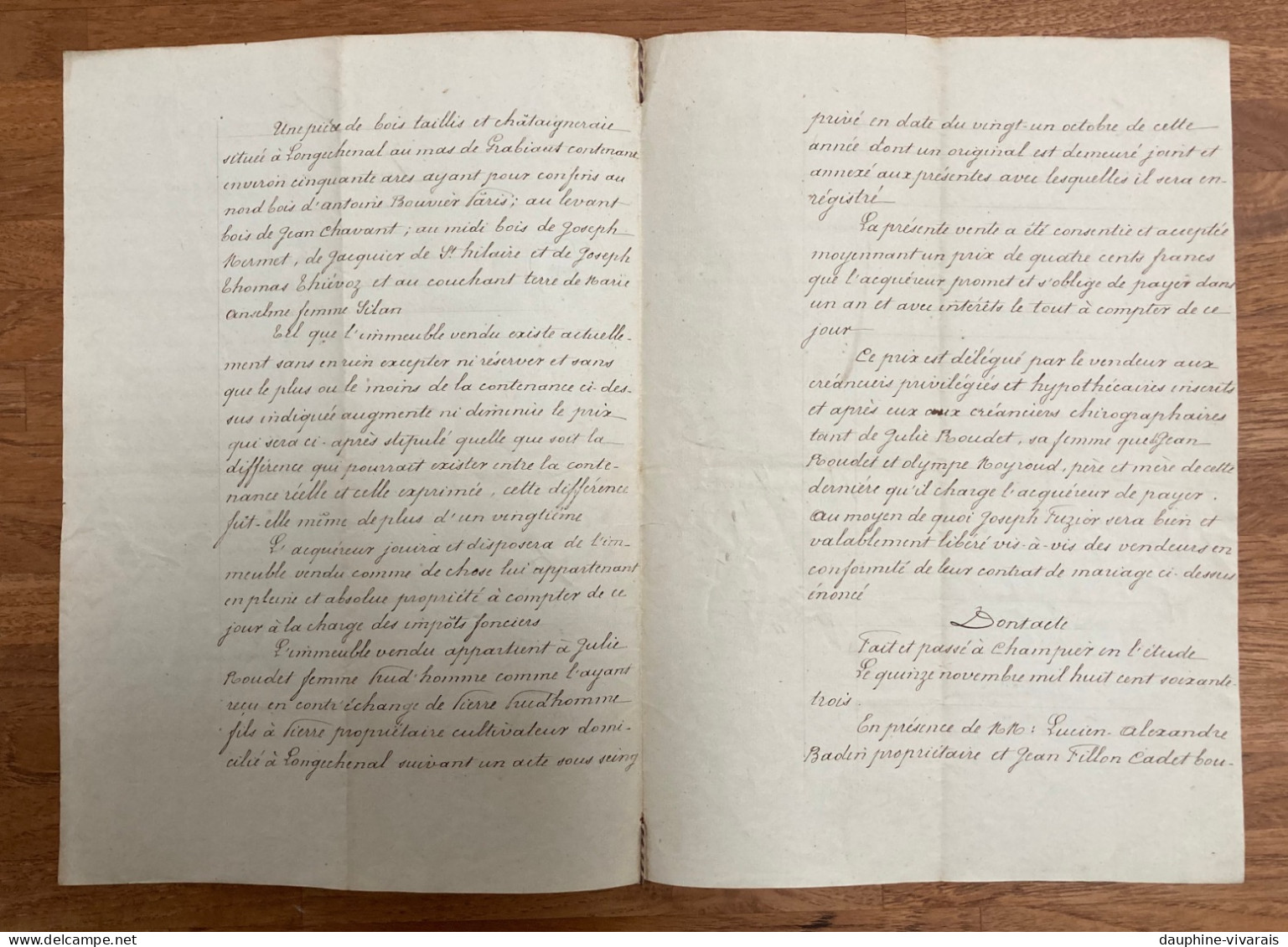 PAPIER TIMBRE 1863  2EME EMPIRE - LONGCHENAL 38 ISERE - VENTE  PRUDHOMME ROUDET FUZIER - Lettres & Documents