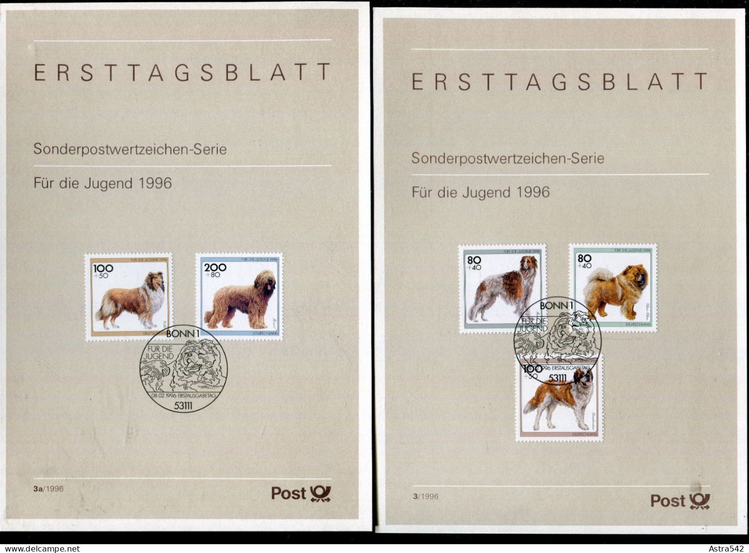 "BUNDESREPUBLIK DEUTSCHLAND" 1996, Mi. 1836-1840 "Hunderasse" Auf 2 ETB (A1217) - 1991-2000