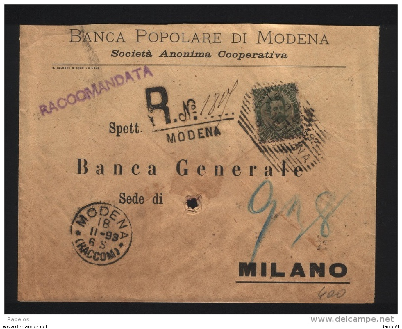 1893   LETTERA  RACCOMANDATE CON ANNULLO MODENA - Marcophilie