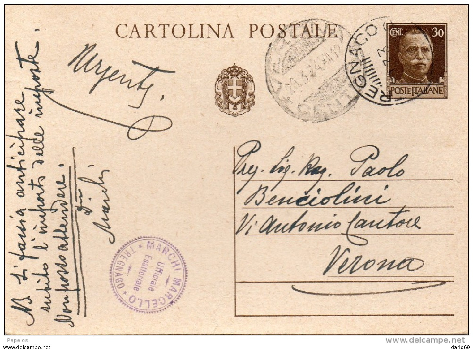 1933 CARTOLINA CON ANNULLO TREGNAGO VERONA - Stamped Stationery