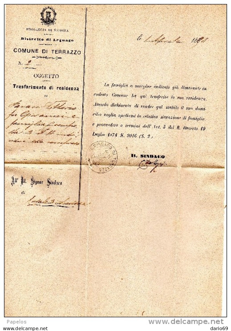 1893  LETTERA CON ANNULLO LEGNAGO VERONA + COMUNALE TERRAZZO - Poststempel