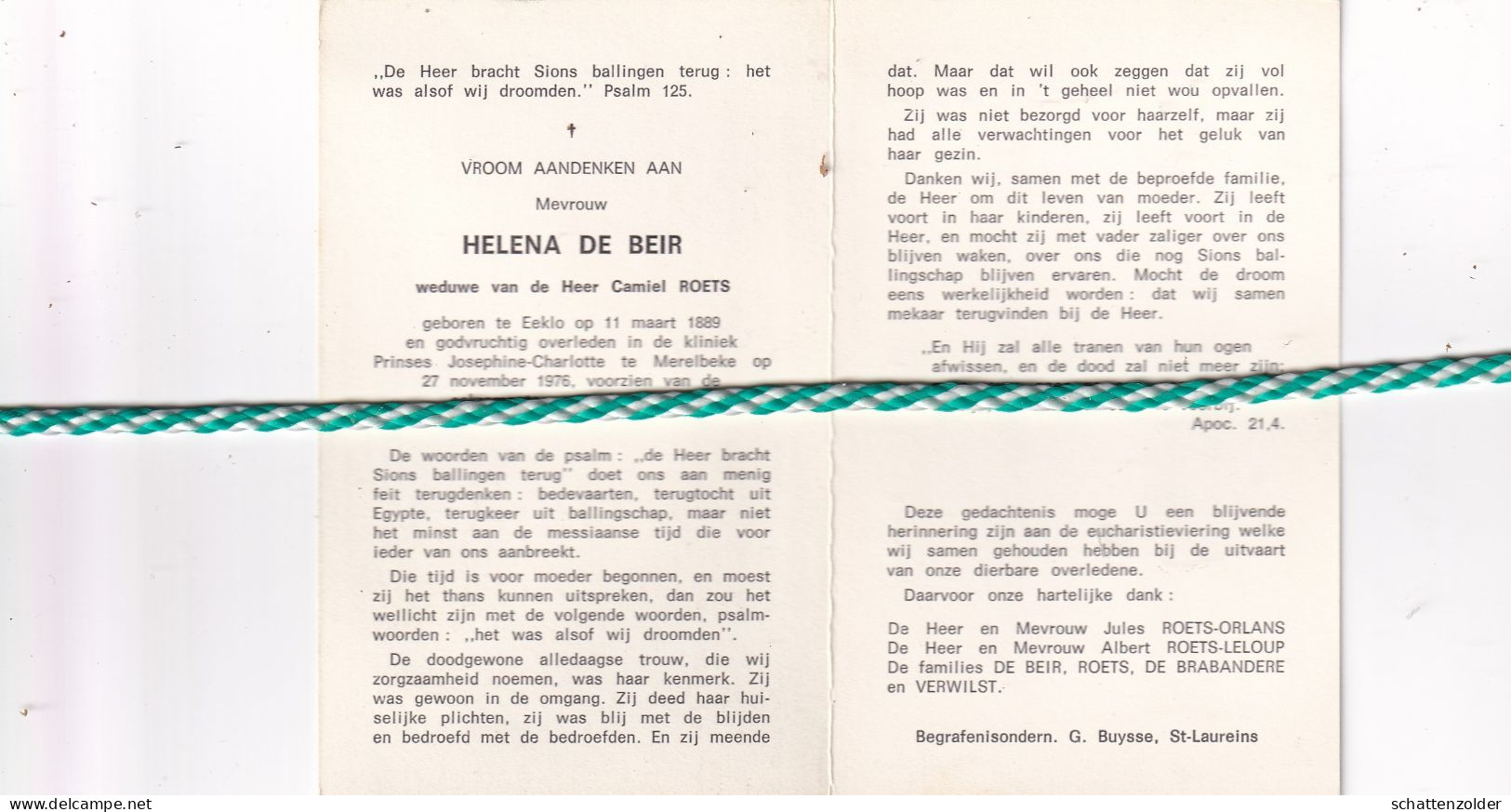 Helena De Beir-Roets, Eeklo 1889, Merelbeke 1976 - Overlijden