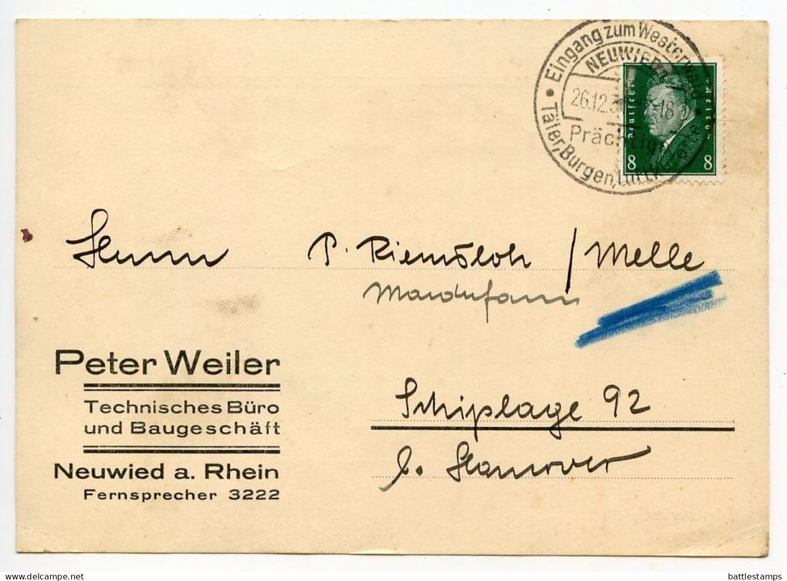Germany 1931 Postcard; Neuwied A. Rhein - Peter Weiler, Technisches Büro Und Baugeschäft; 8pf. Friedrich Ebert - Covers & Documents