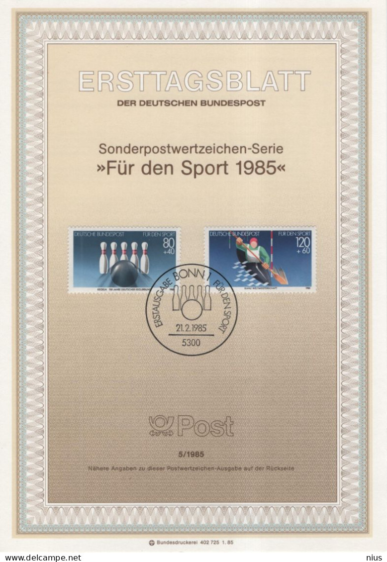 Germany Deutschland 1985-05 Für Den Sport, Bowling Canoeing Rowing, Canceled In Bonn - 1981-1990