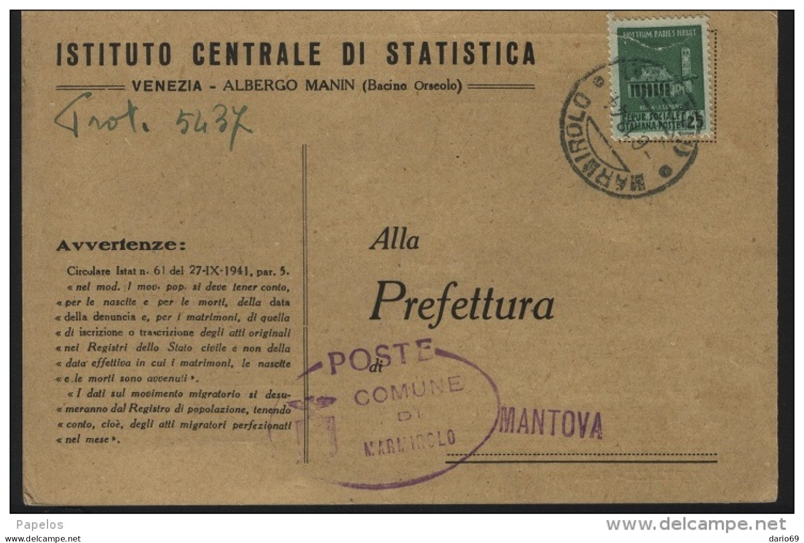 1944 LETTERA  CON ANNULLO MARMIROLO  MANTOVA - Storia Postale