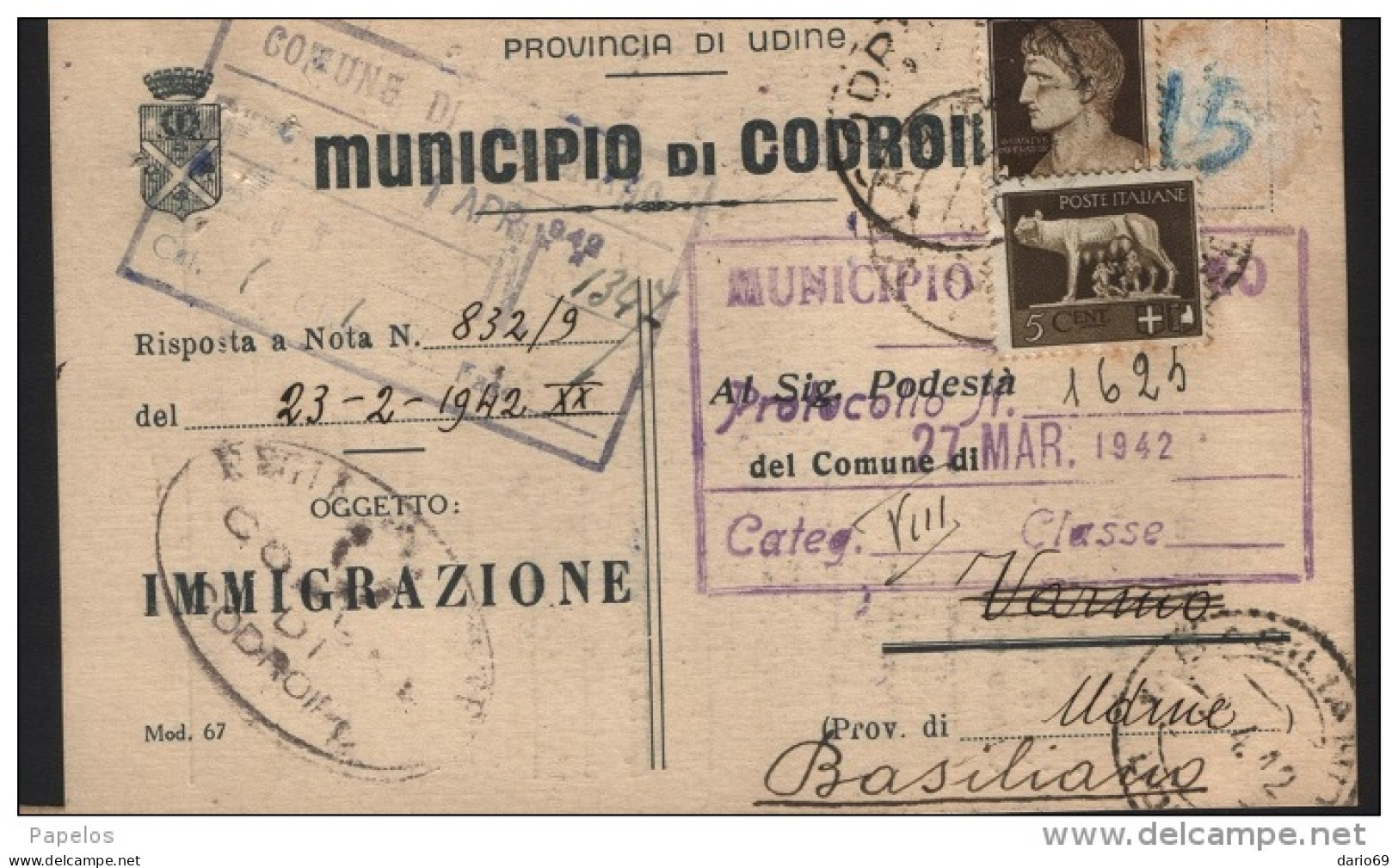 1942 CARTOLINA CON ANNULLO CODROIPO UDINE - Poststempel