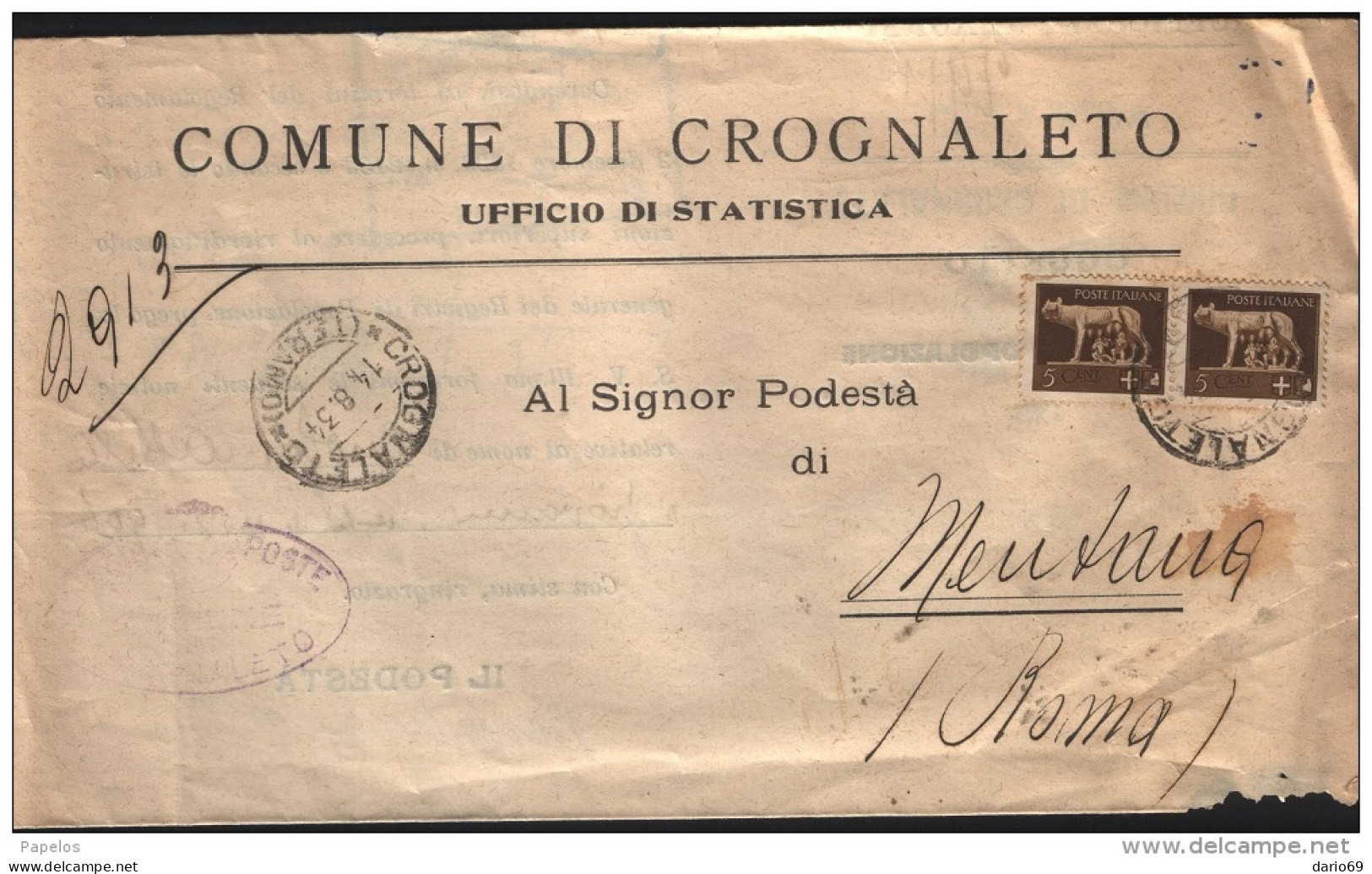 1934 LETTERA  CON ANNULLO CROGNALETO  TERAMO - Storia Postale