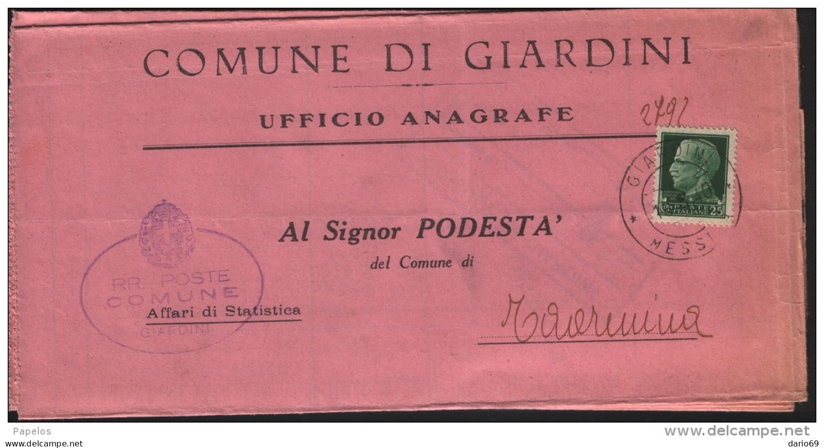 1940  LETTERA   CON ANNULLO GIARDINI MESSINA - Marcofilie