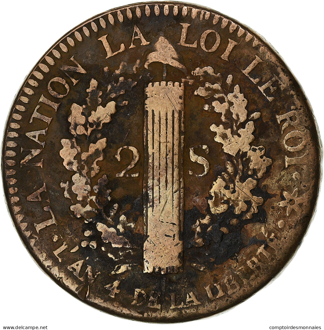 France, Louis XVI, 2 Sols Français, 1792 / AN 4, Strasbourg, Cuivre, TB+ - Andere & Zonder Classificatie