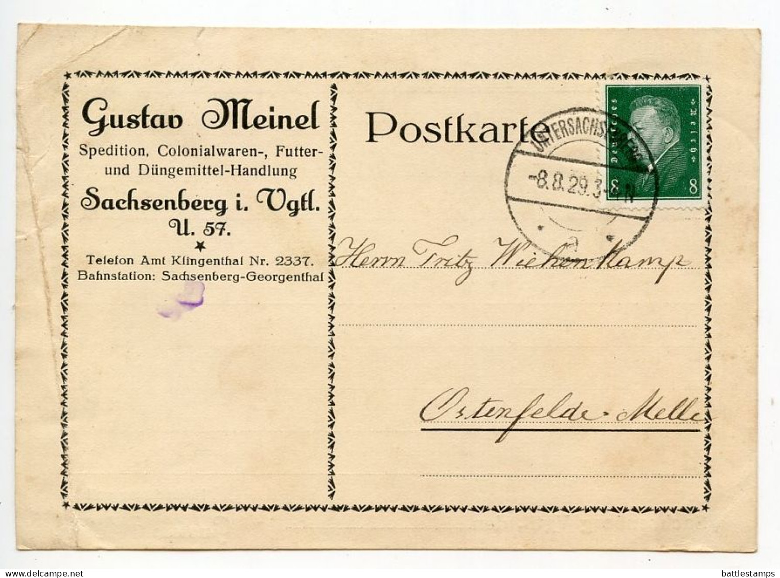 Germany 1929 Postcard; Untersachsenberg - Gustav Meinel, Spedition, Colonialwaren-, Und Futter; 8pf. Friedrich Ebert - Covers & Documents
