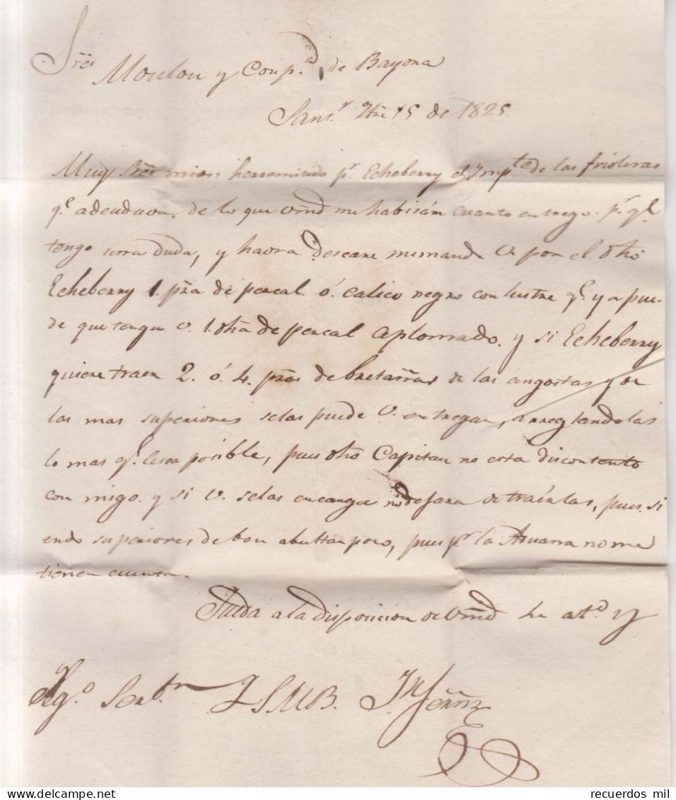 Prefilatelia Año 1825 Carta Francia Marcas Santander Franca, Franca Burgos Espagne Bayonne Porteo Escrito RARA - ...-1850 Prefilatelia