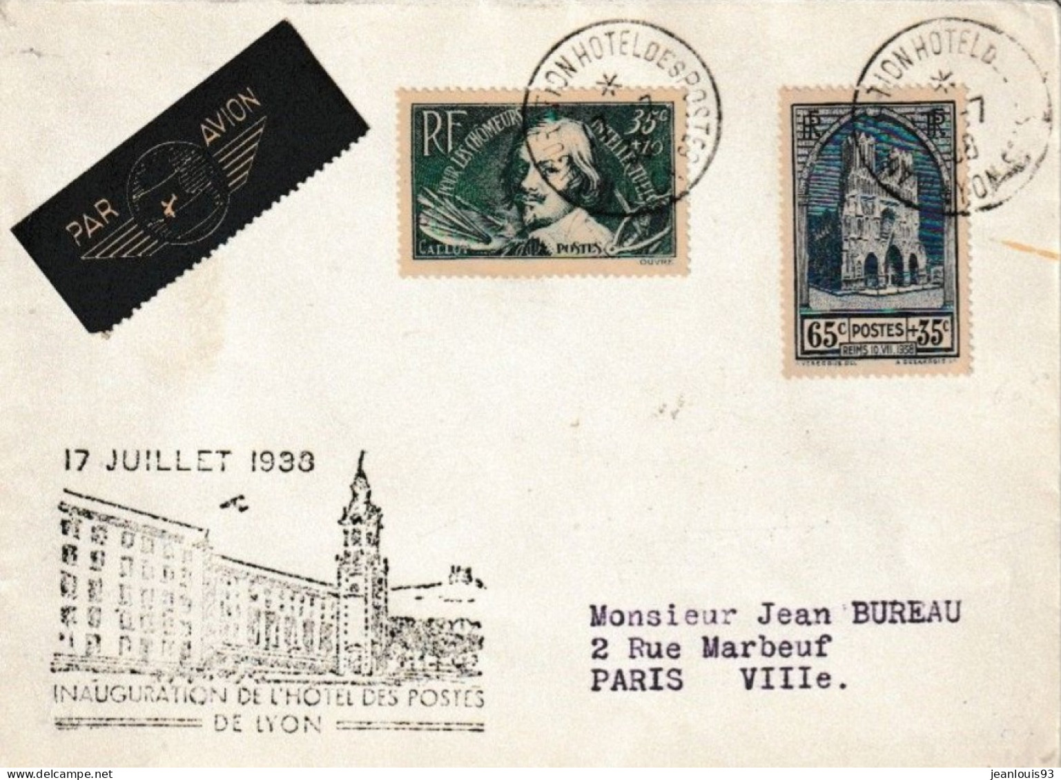 FRANCE - LETTRE PAR AVION LYON PARIS 1938 CACHET ARRIVEE AEROPORT DU BOURGET - Lettres & Documents