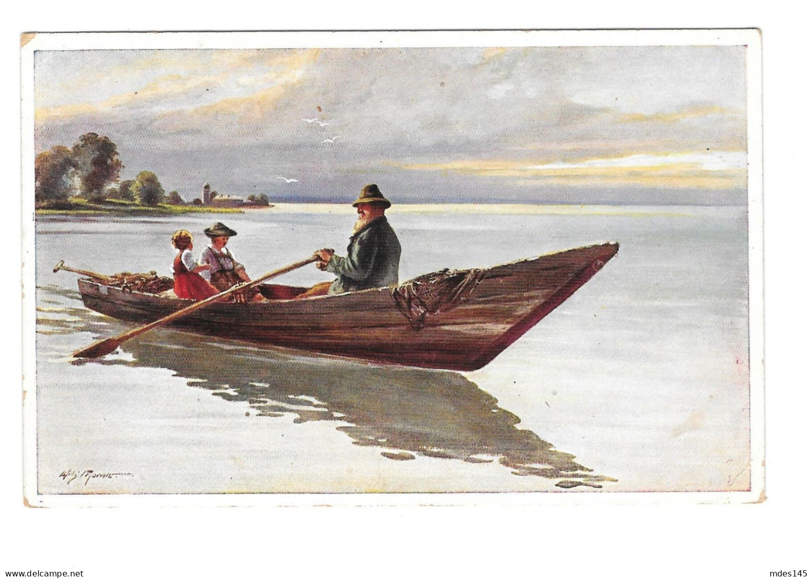 Germany Nautical Painting Family In Rowboat Alfred Seyboldt Serie 588 Munich Fine Art Postcard - Malerei & Gemälde