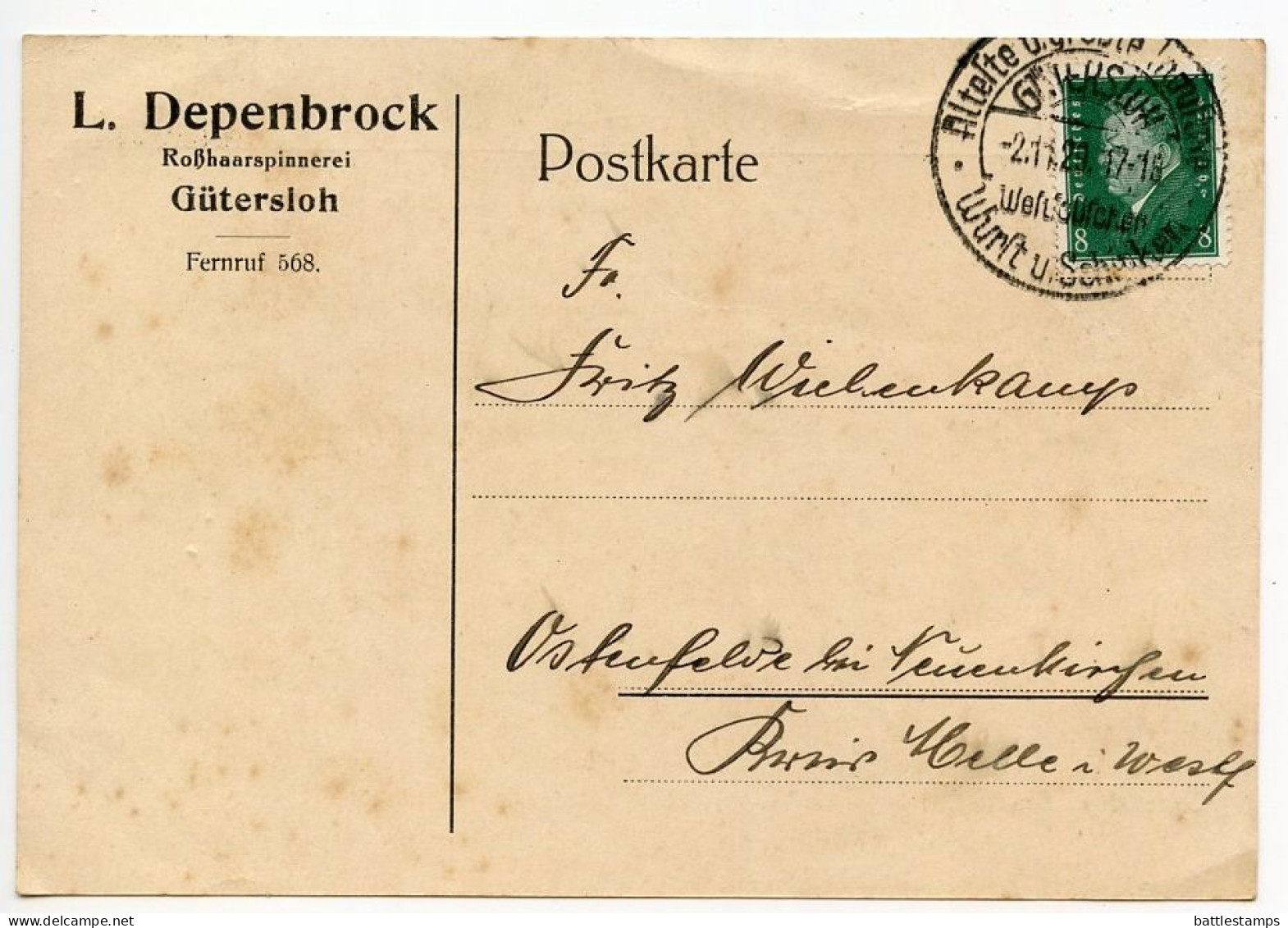 Germany 1929 Postcard; Gütersloh - L. Depenbrock, Roßhaarspinnerei To Ostenfelde; 8pf. Friedrich Ebert - Lettres & Documents