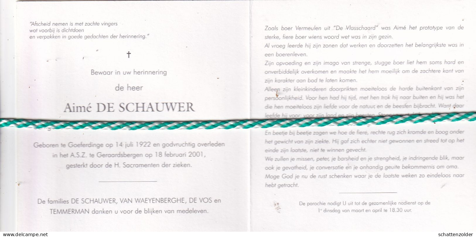 Aimé De Schauwer-Van Waeyenberghe, Goeferdinge 1922, Geraardsbergen 2001. Foto - Esquela