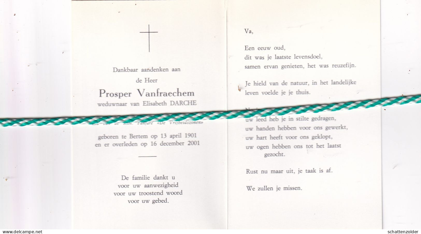 Prosper Vanfraechem-Darche, Bertem 1901, 2001. Veehandelaar O.r. Honderdjarige. Foto - Décès