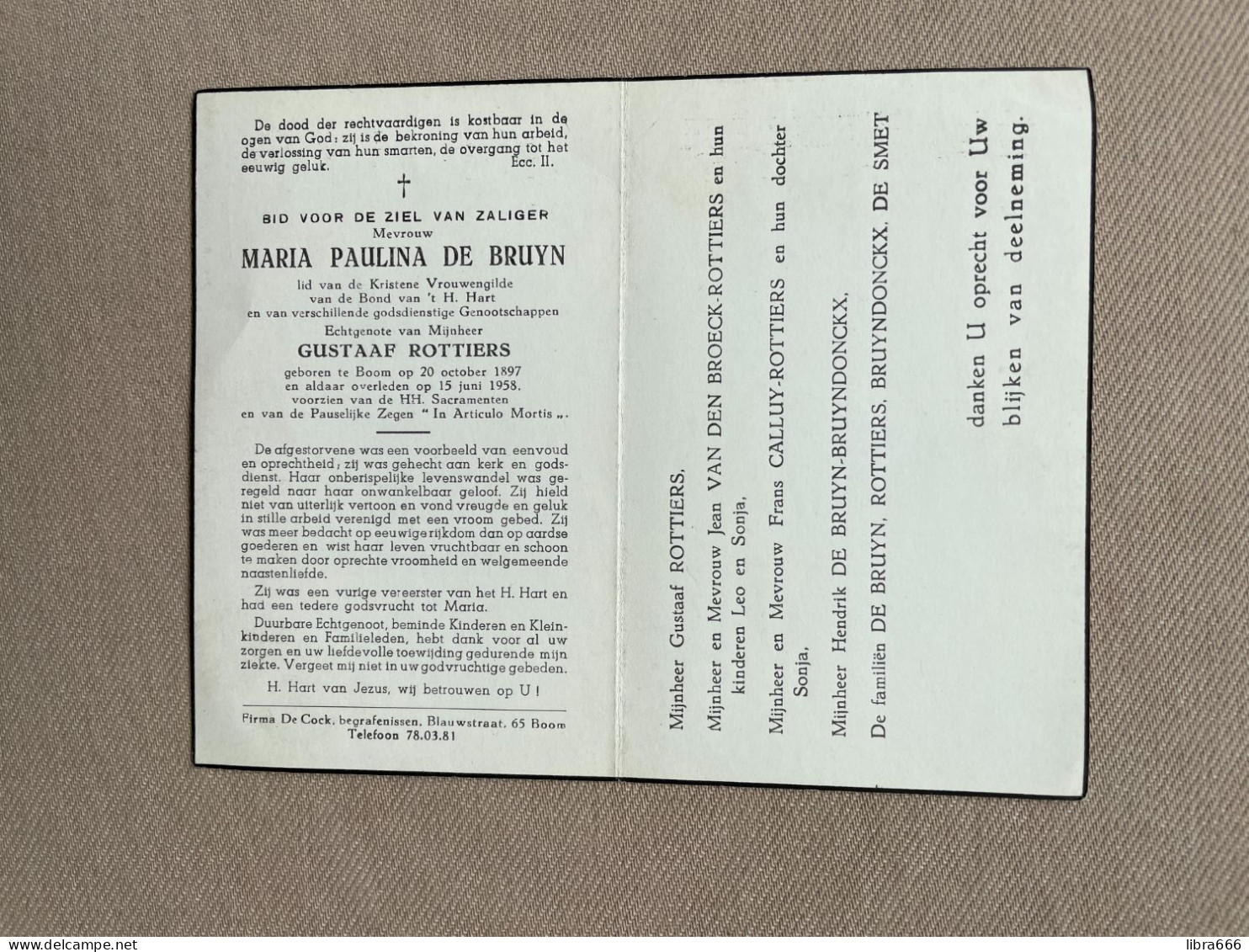 DE BRUYN Maria Paulina °BOOM 1897 +BOOM 1958 - ROTTIERS - BRUYNDONCKX - DE SMET - VAN DEN BROECK - CALLUY - Obituary Notices