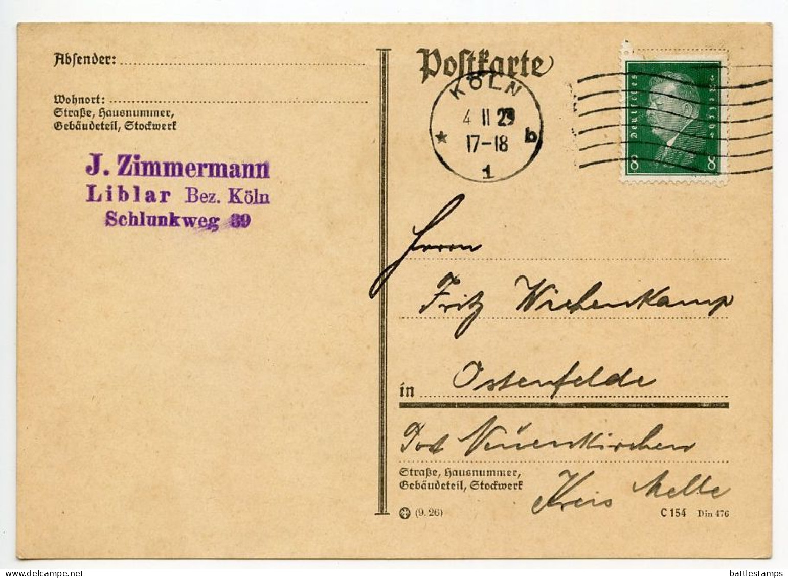 Germany 1929 Postcard; Köln (Cologne) - J. Zimmermann To Ostenfelde; 8pf. Friedrich Ebert - Lettres & Documents