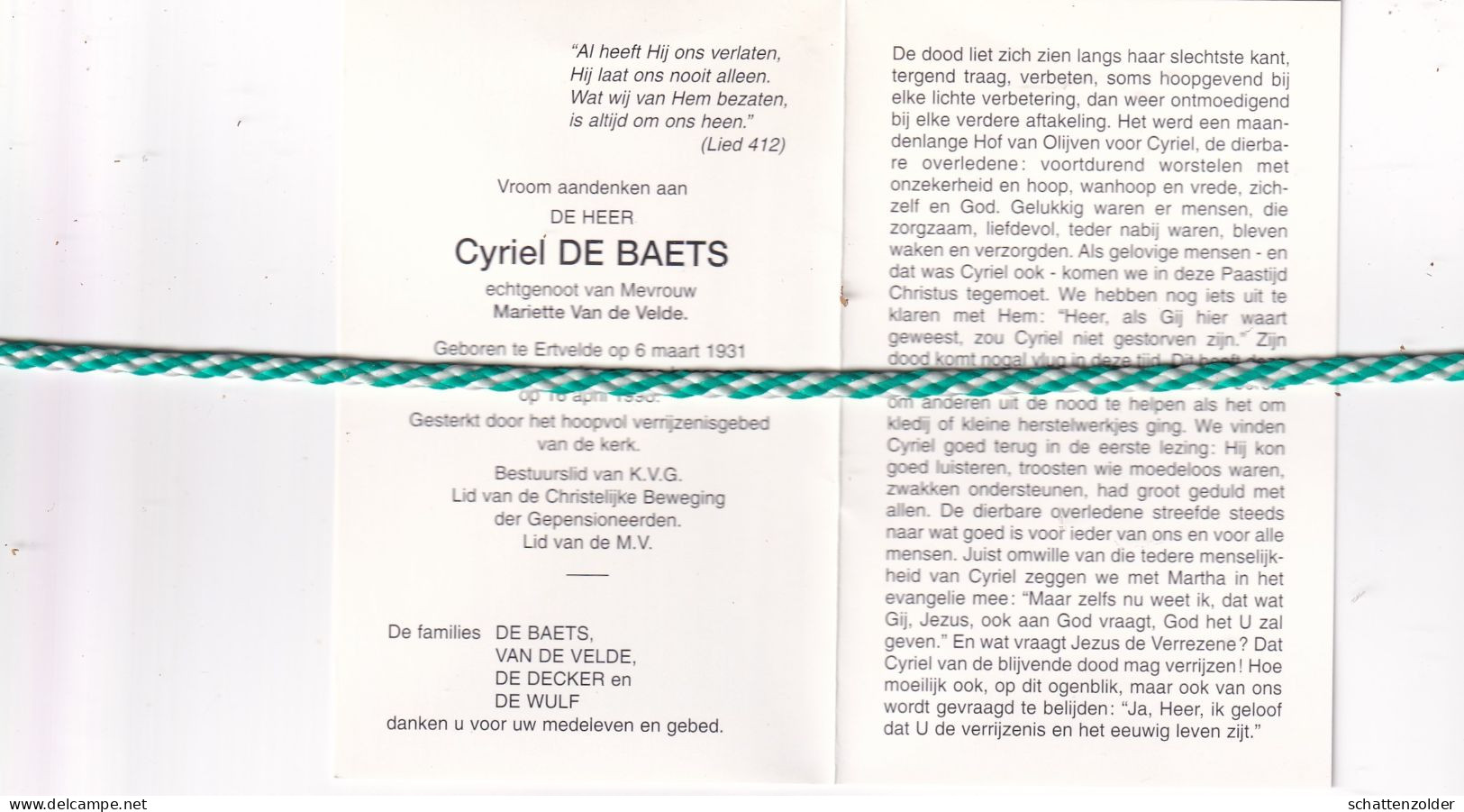 Cyriel De Baets-Van De Velde, Ertvelde 1931, 1998. Foto - Overlijden