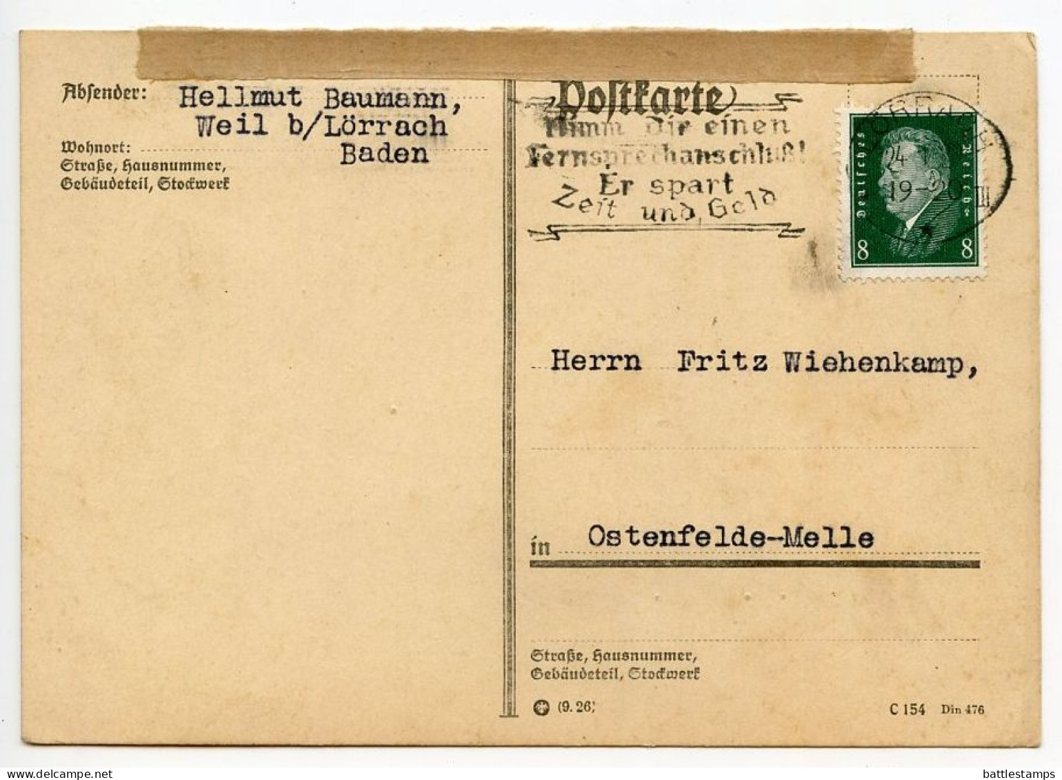 Germany 1929 Postcard; Lörrach - Hellmut Baumann To Ostenfelde; 8pf. Friedrich Ebert; Telephone Slogan Cancel - Covers & Documents