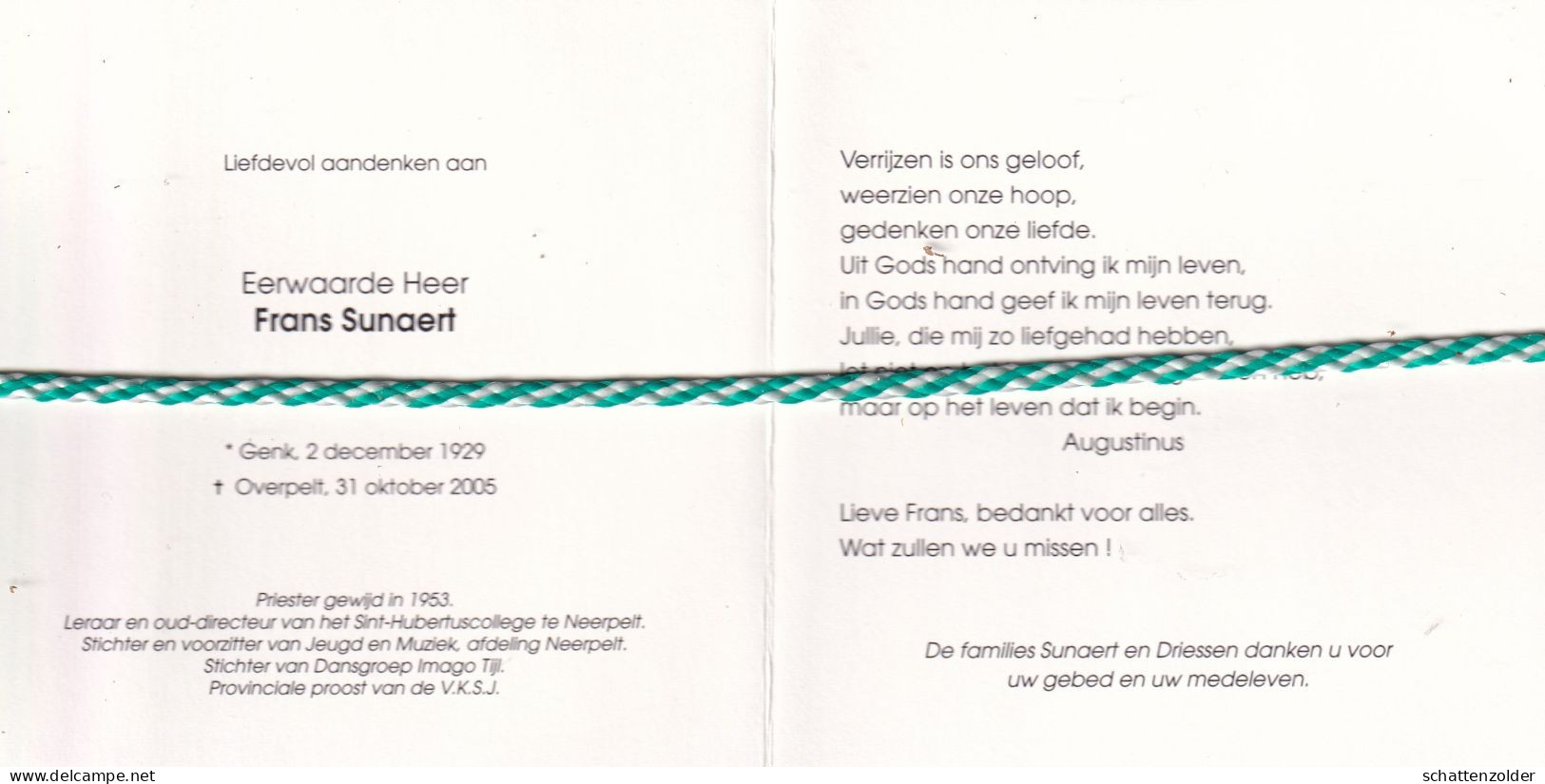 Priester Frans Sunaert, Genk 1929, Overpelt 2005. Neerpelt - Todesanzeige