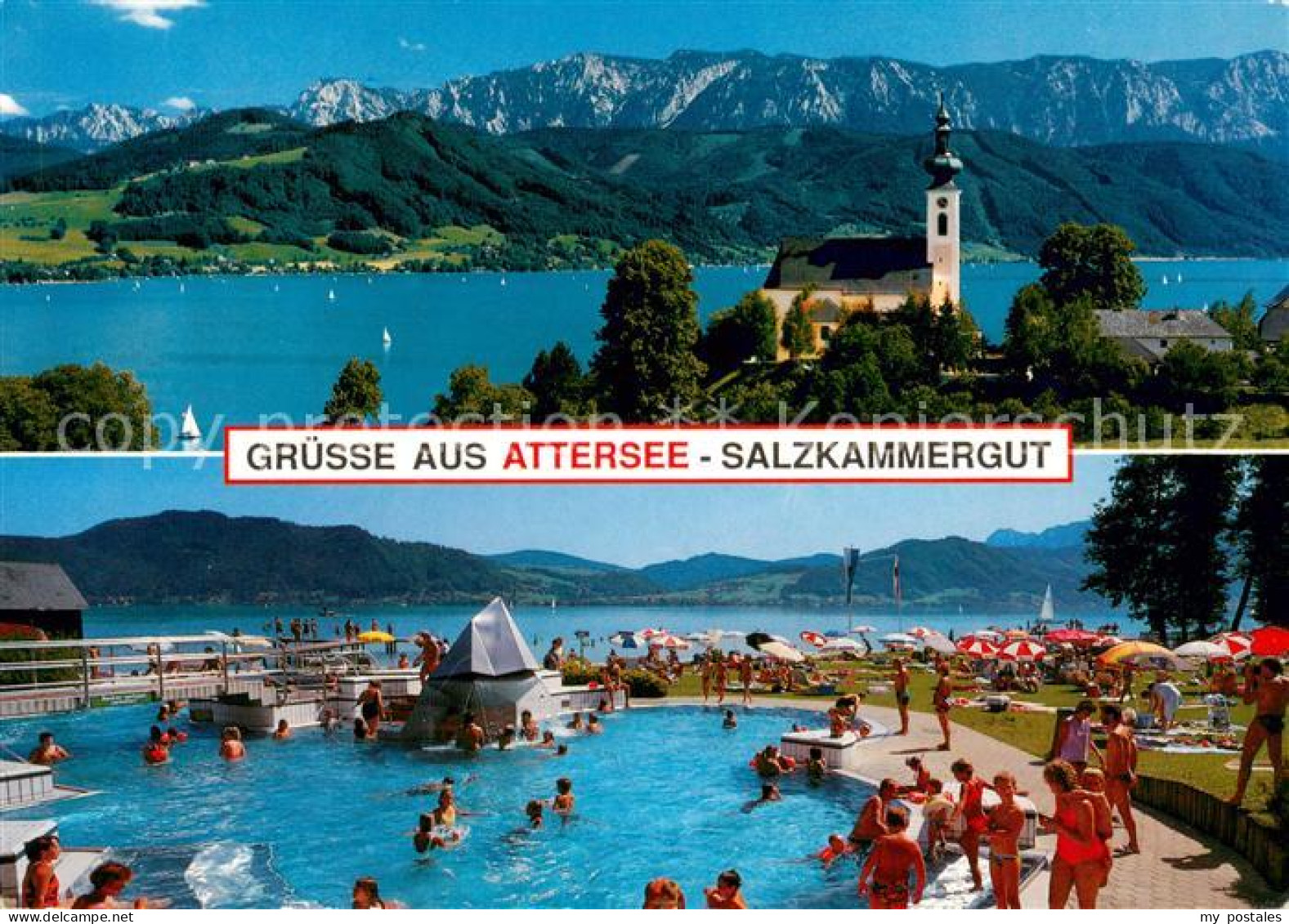 73631989 Attersee Freibad Liegewiese Panorama Kirche Alpen Attersee - Autres & Non Classés