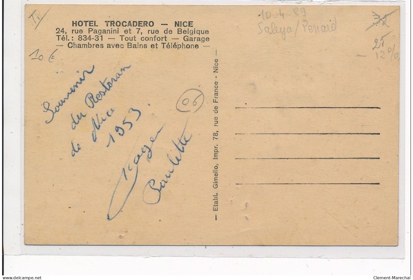 NICE : Hotel Torcadero, 24 Rue Paganini - Tres Bon Etat - Autres & Non Classés