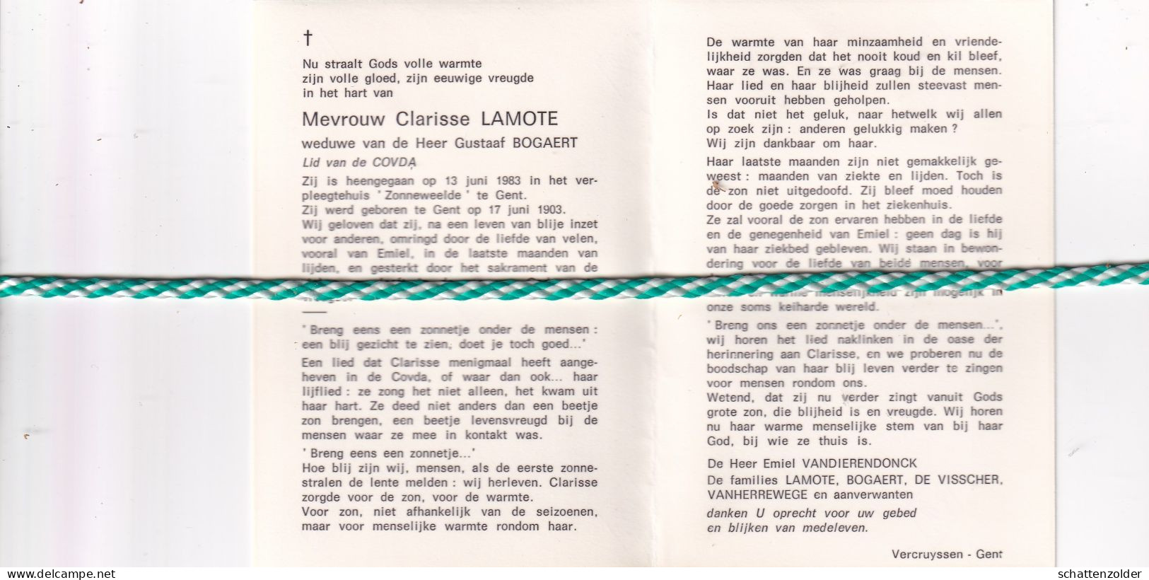 Clarisse Lamote-Bogaert, Gent 1903, 1983; Foto - Overlijden