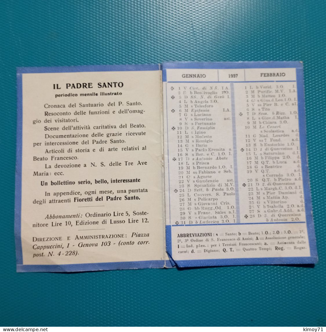 Calendario Francescano Anno 1937 - Completo (formato Piccolo) - Tamaño Pequeño : 1921-40