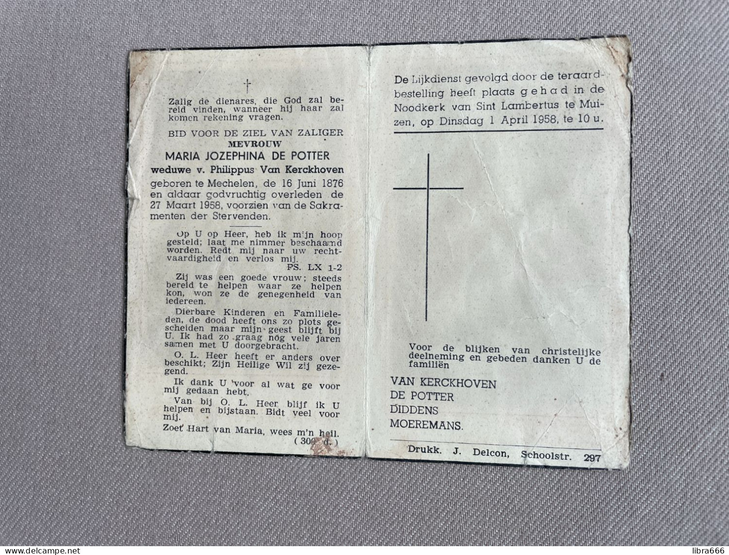 DE POTTER Maria Jozephina °MECHELEN 1876 +MECHELEN 1958 - VAN KERCKHOVEN - DIDDENS - MOEREMANS - Sint Lambertus, Muizen - Obituary Notices