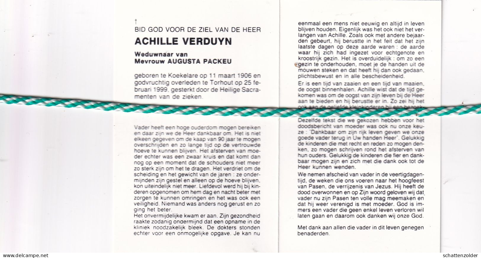 Achilles Verduyn-Packeu, Koekelare 1906, Torhout 1999. Foto - Overlijden