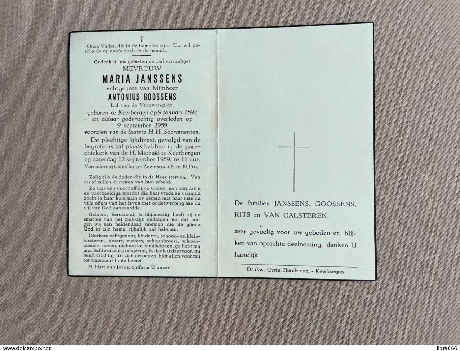 JANSSENS Maria °KEERBERGEN 1892 +KEERBERGEN 1959 - GOOSSENS - RITS - VAN CALSTEREN - Overlijden